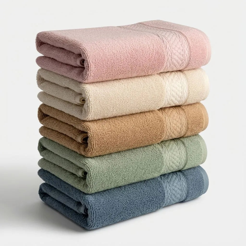Stack of folded bamboo bath towels in various colors on a light background