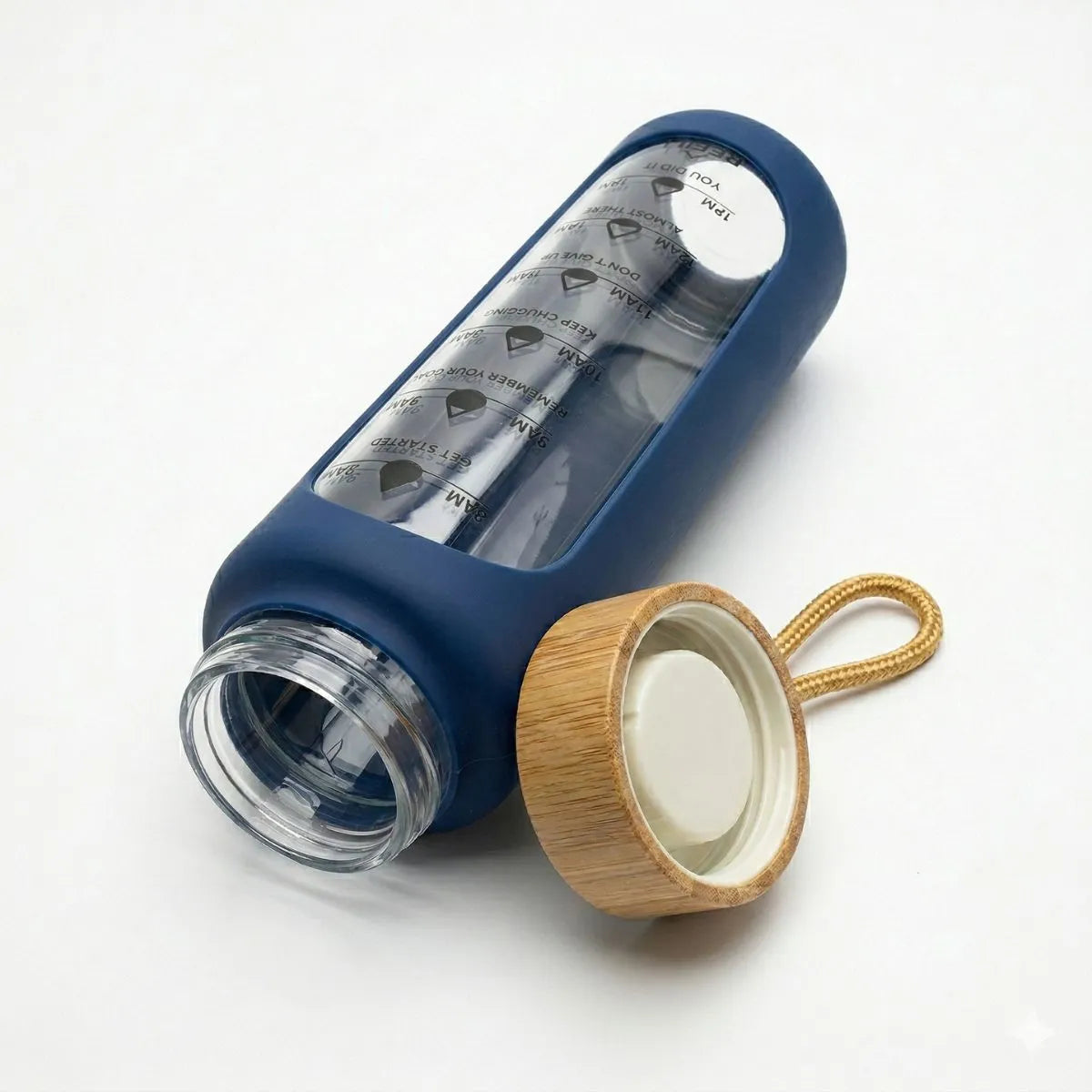 Bamboo Bottle 1 Litre shows a blue water bottle with time markers and a bamboo cap.