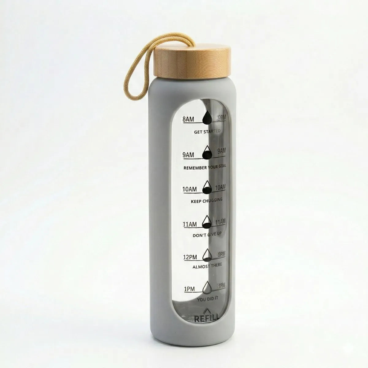 Bamboo Bottle 1 Litre with time markers for hydration tracking in grey color