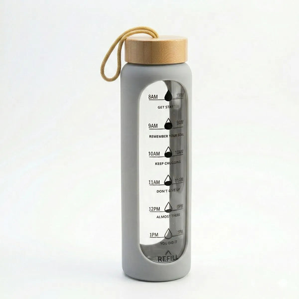 Bamboo Bottle 1 Litre with time markers for hydration tracking in grey color