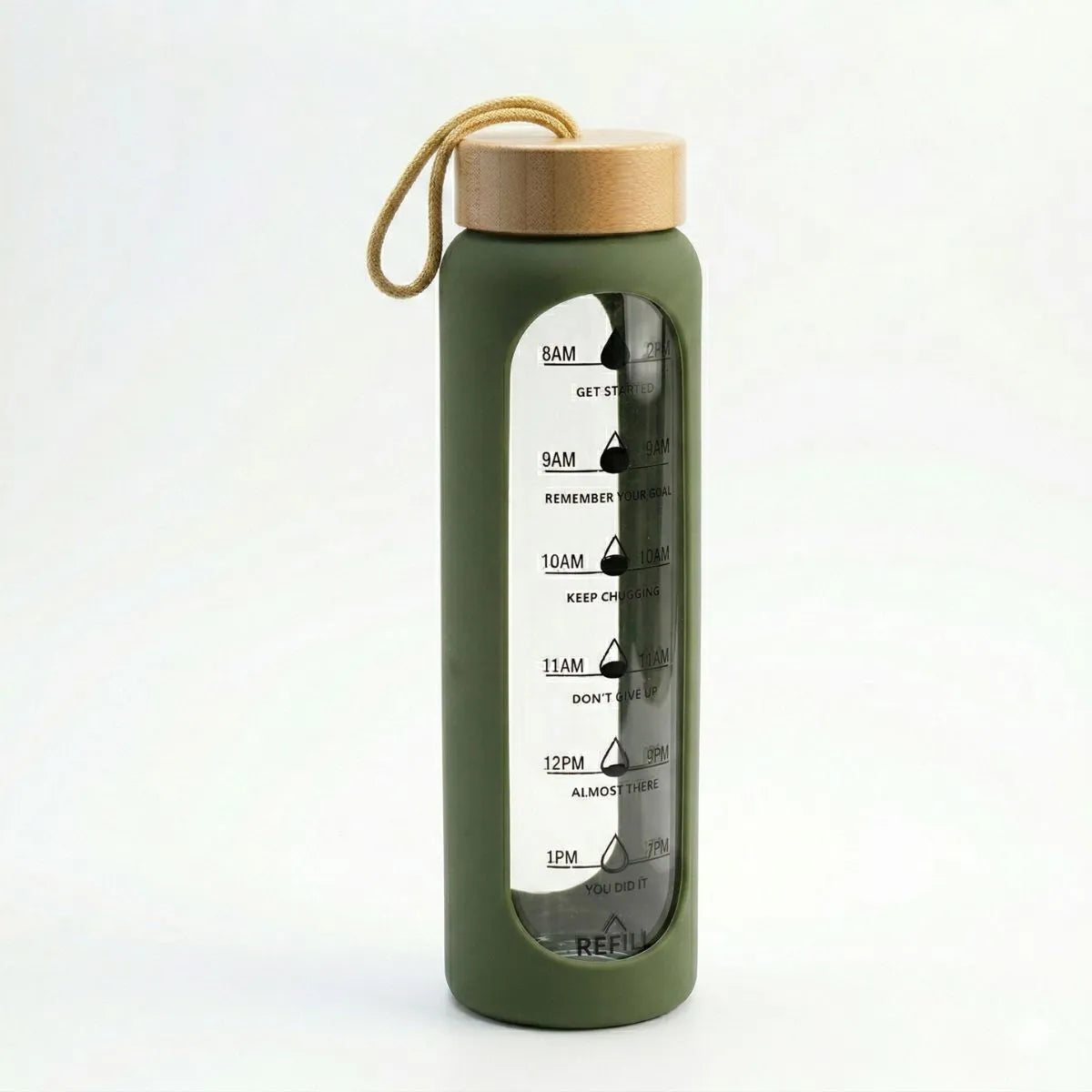Bamboo Bottle 1 Litre with time markers for daily hydration tracking.