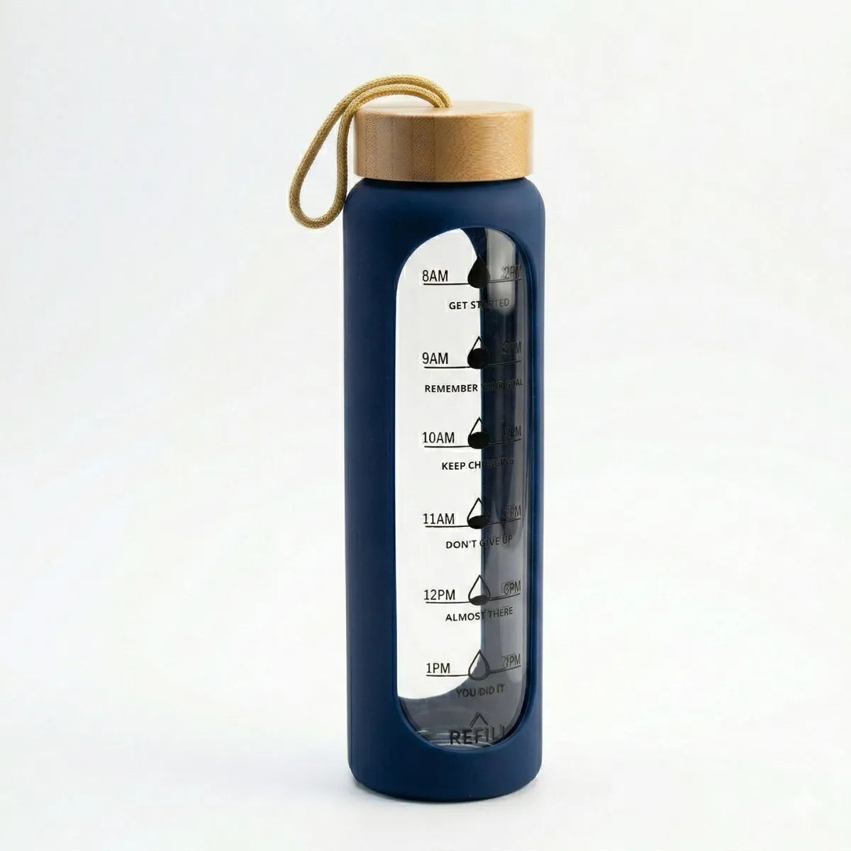 Bamboo Bottle 1 Litre with time markers and bamboo lid for hydration tracking.