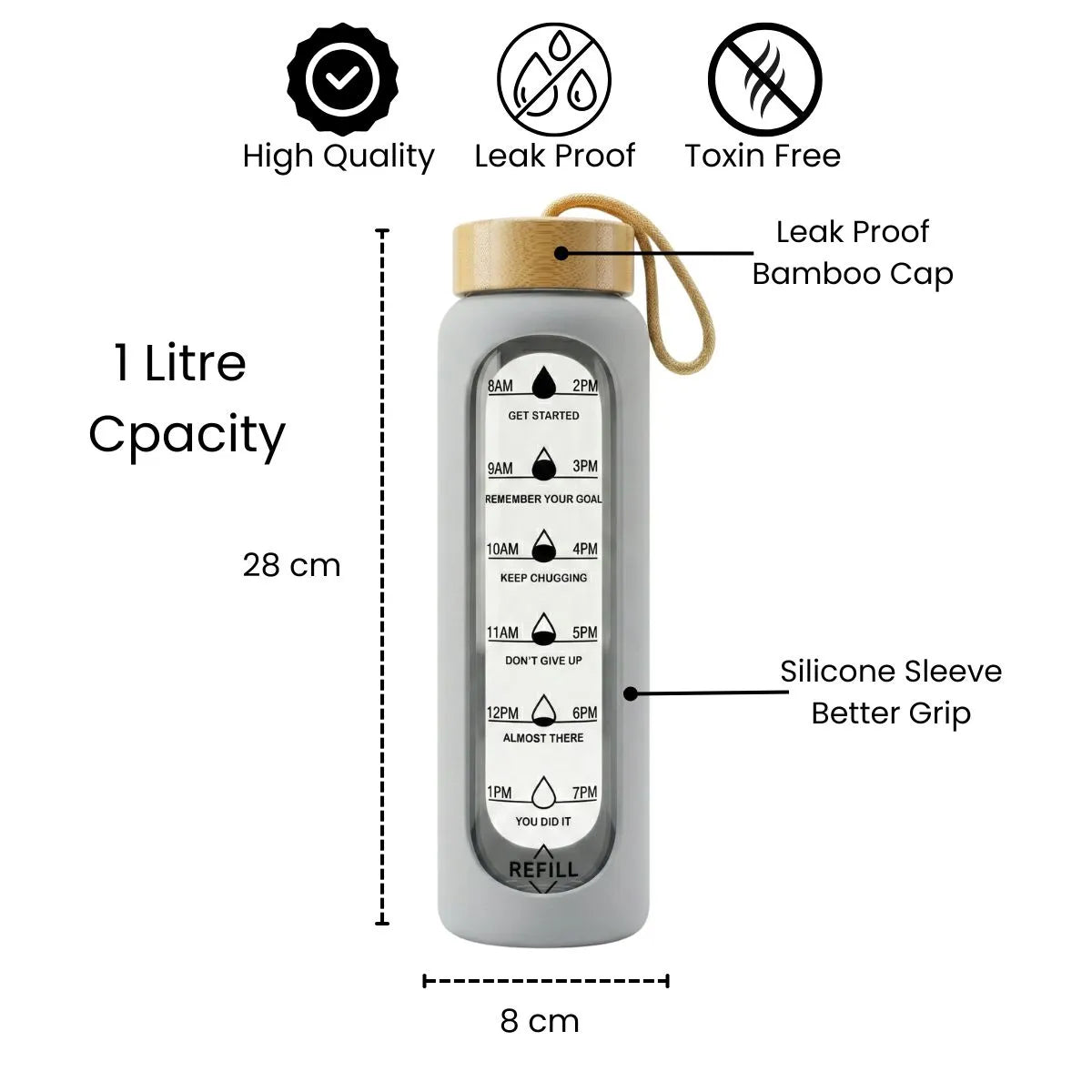 Bamboo Bottle 1 Litre with time markers, silicone sleeve for better grip, high quality, and leak-proof bamboo cap.