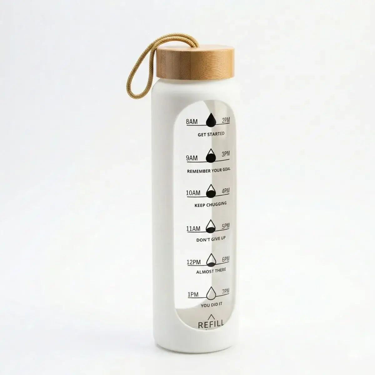 Bamboo Bottle 1 Litre with time markers and hydration guide for daily water intake tracking.