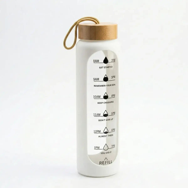 Bamboo Bottle 1 Litre with time markers and hydration guide for daily water intake tracking.