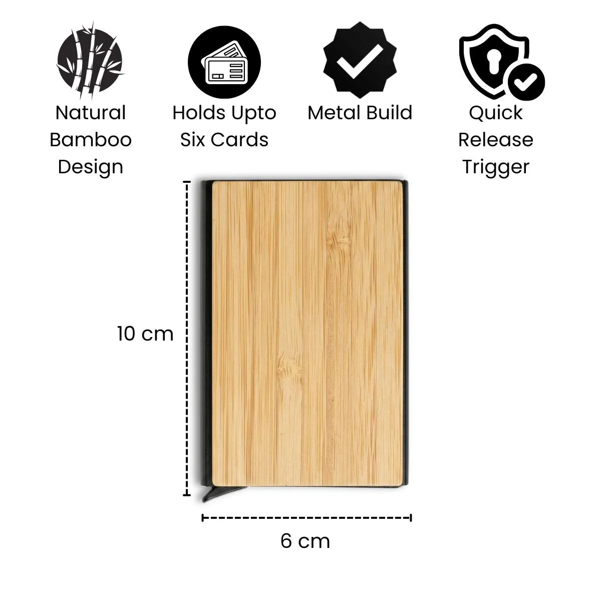 Bamboo pocket card holder with natural bamboo design, metal build, and quick release trigger, holds up to six cards.
