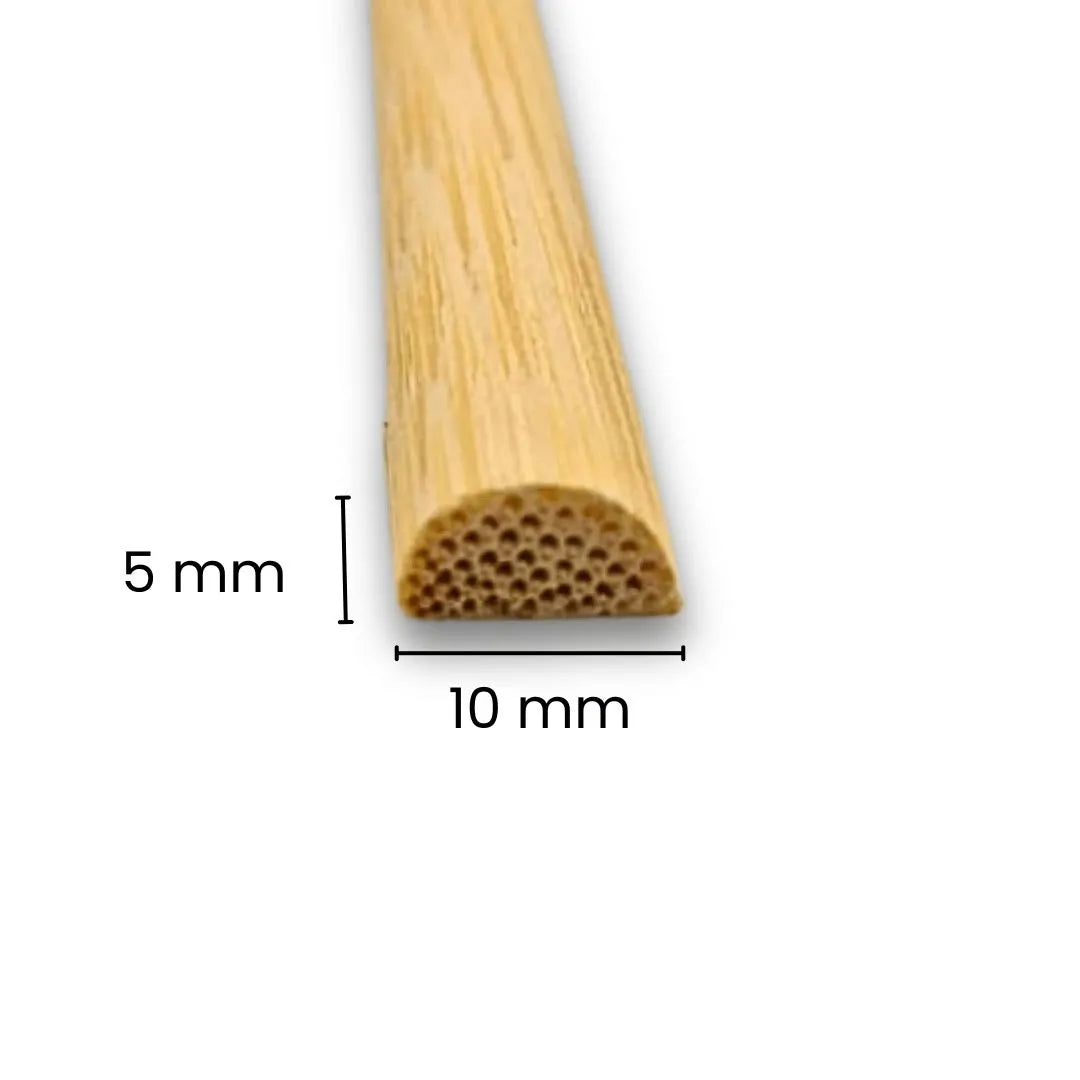 Bamboo Half cut stick (D-shape) with dimensions on a white background