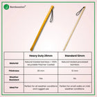 Bamboo Dog Walking Stick comparison image showing Heavy Duty 25mm and Standard 12mm options with specifications.