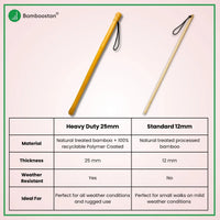 Bamboo Dog Walking Stick comparison image showing Heavy Duty 25mm and Standard 12mm options with specifications.