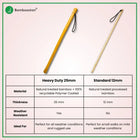 Bamboo Dog Walking Stick comparison image showing Heavy Duty 25mm and Standard 12mm options with specifications.