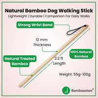 Natural Bamboo Dog Walking Stick with specifications on a light pink background
