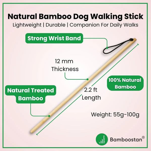 Natural Bamboo Dog Walking Stick with specifications on a light pink background