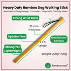Heavy-duty bamboo dog walking stick with features highlighted on a light pink background