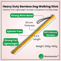 Heavy-duty bamboo dog walking stick with features highlighted on a light pink background