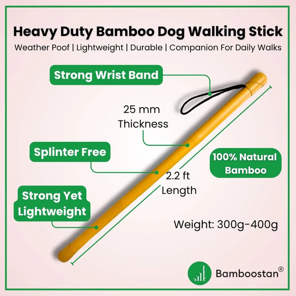 Heavy-duty bamboo dog walking stick with features highlighted on a light pink background