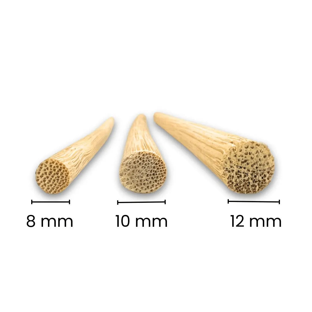 Three bamboo stick of different sizes with measurements on a white background