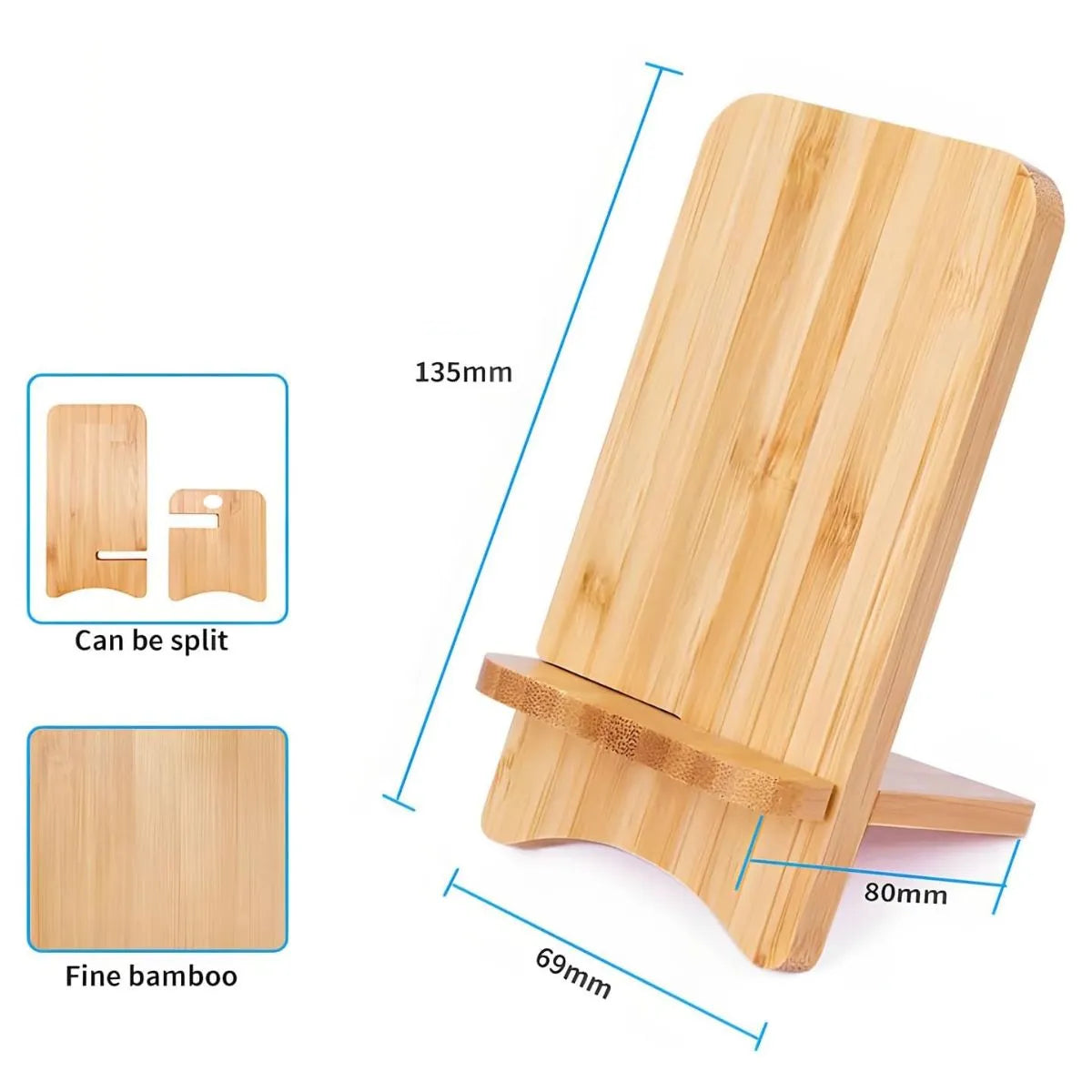 Bamboo Mobile Phone Stand dimensions displaying height of 135mm and width of 80mm made from fine bamboo.