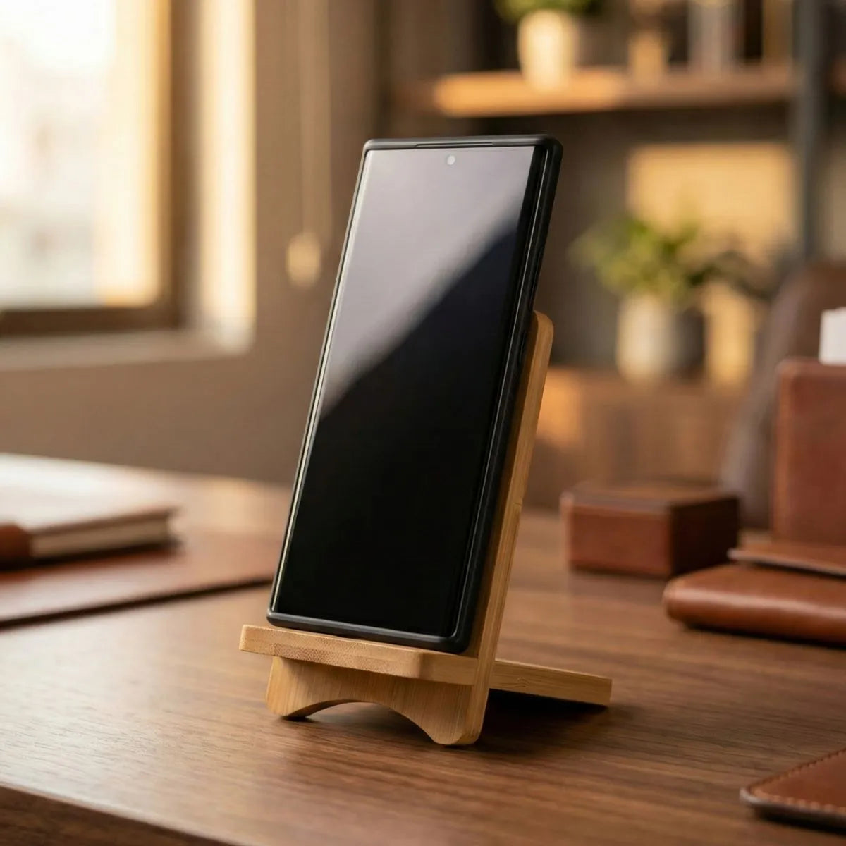 Bamboo Mobile Phone Stand displaying a smartphone at a comfortable viewing angle on a desk.