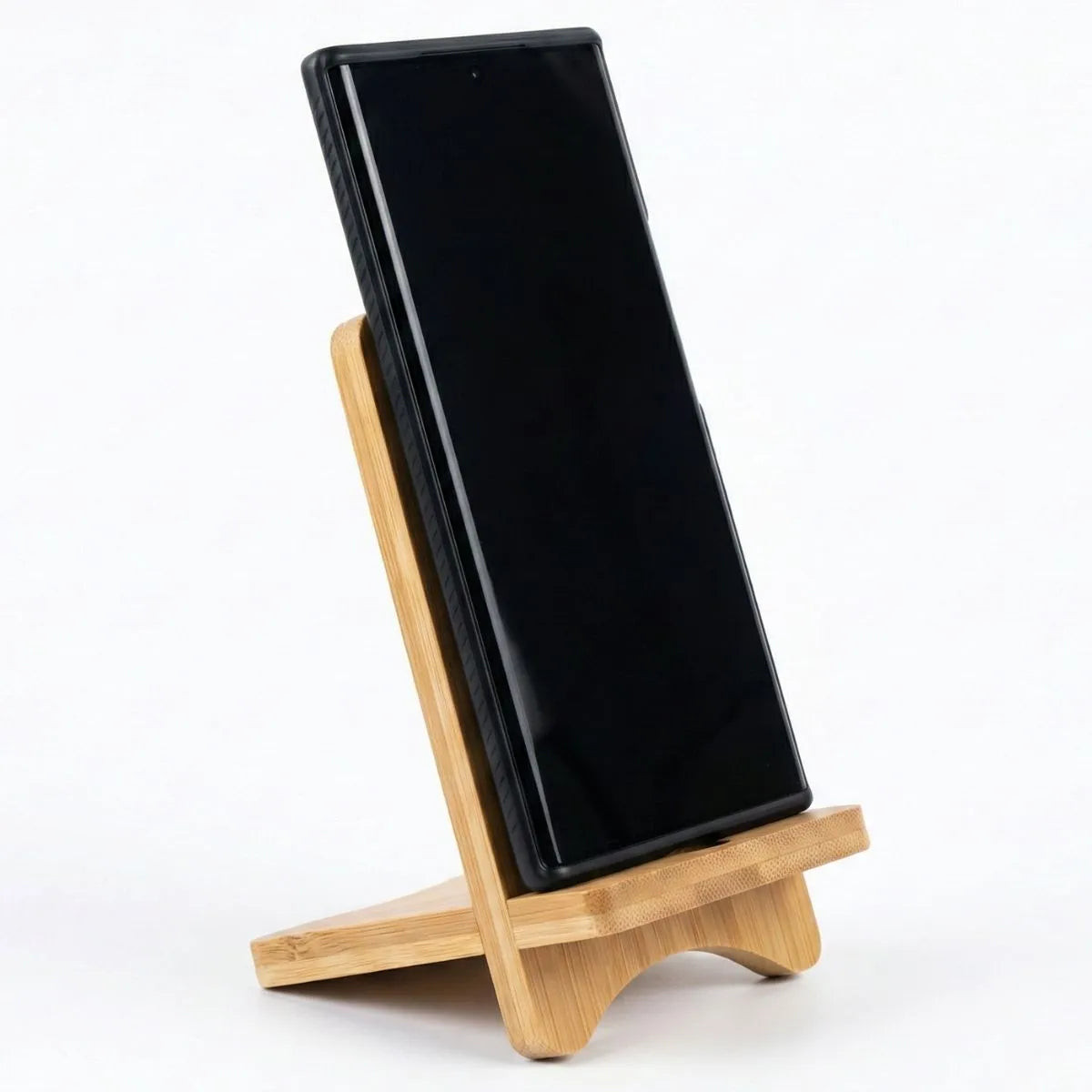 Bamboo Mobile Phone Stand displaying a sleek black smartphone at a comfortable viewing angle.
