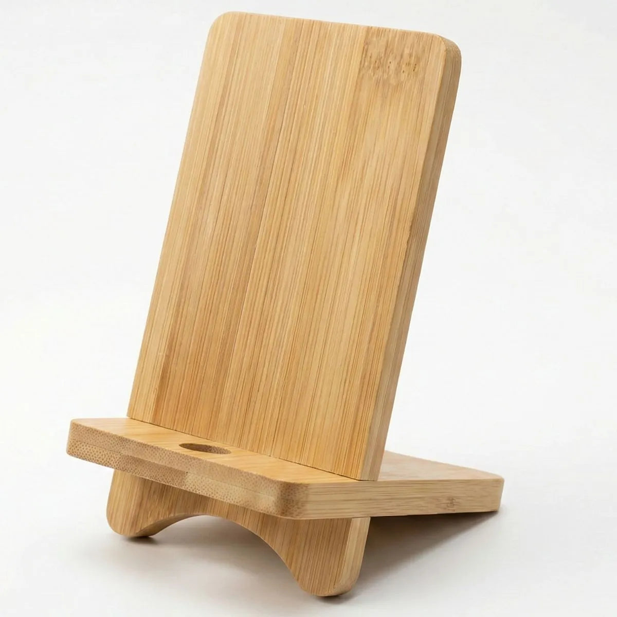 Bamboo Mobile Phone Stand made of natural bamboo, designed for stability and comfort at work or bedside.