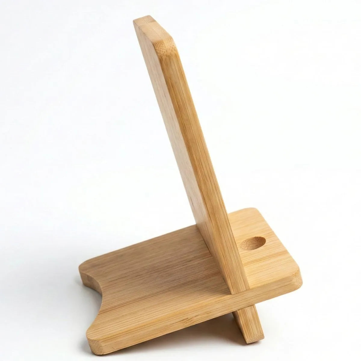 Bamboo Mobile Phone Stand showcasing a sleek design, perfect for work-from-home setups and providing a comfortable viewing angle.