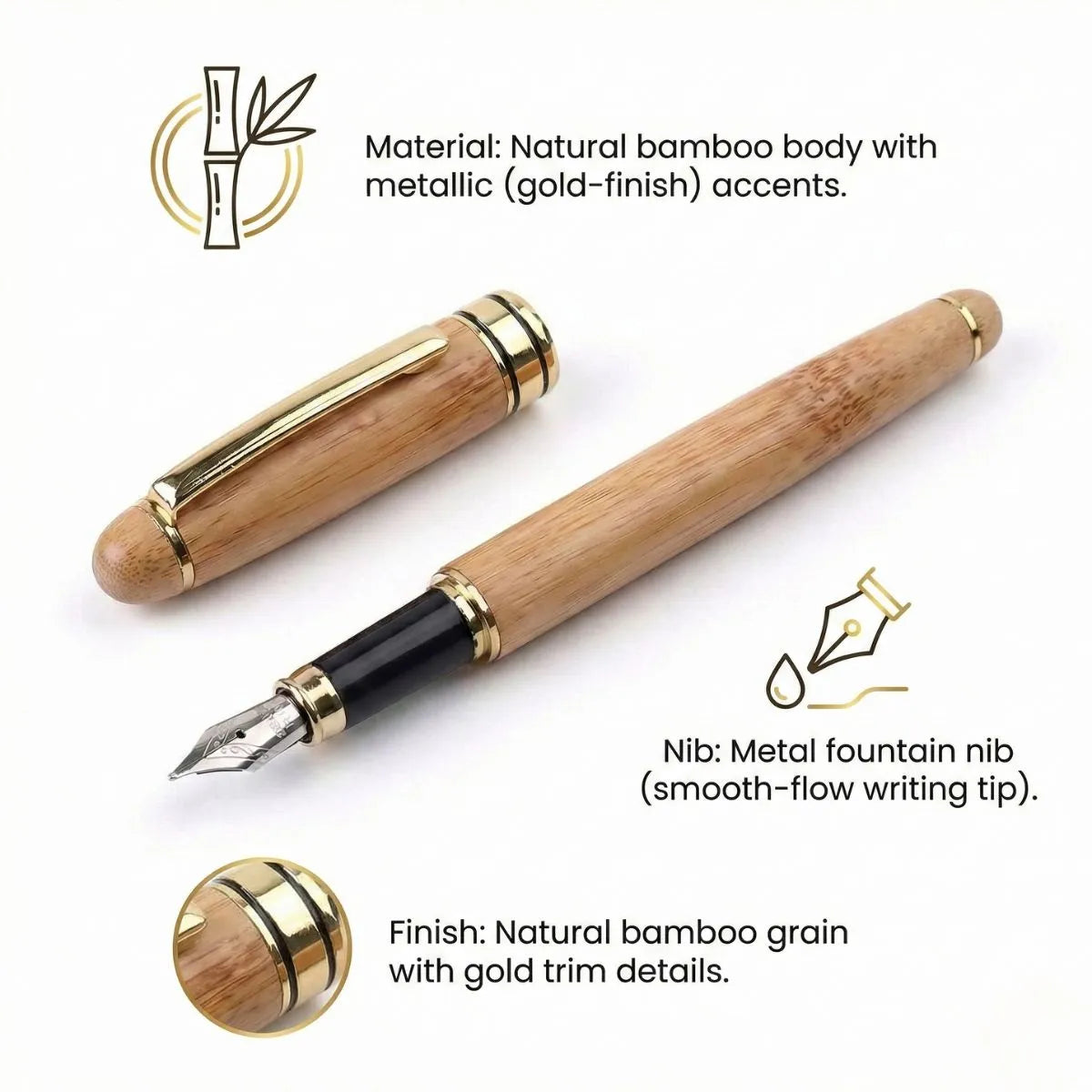 Premium Bamboo Pen with natural bamboo body and metallic accents for smooth writing.
