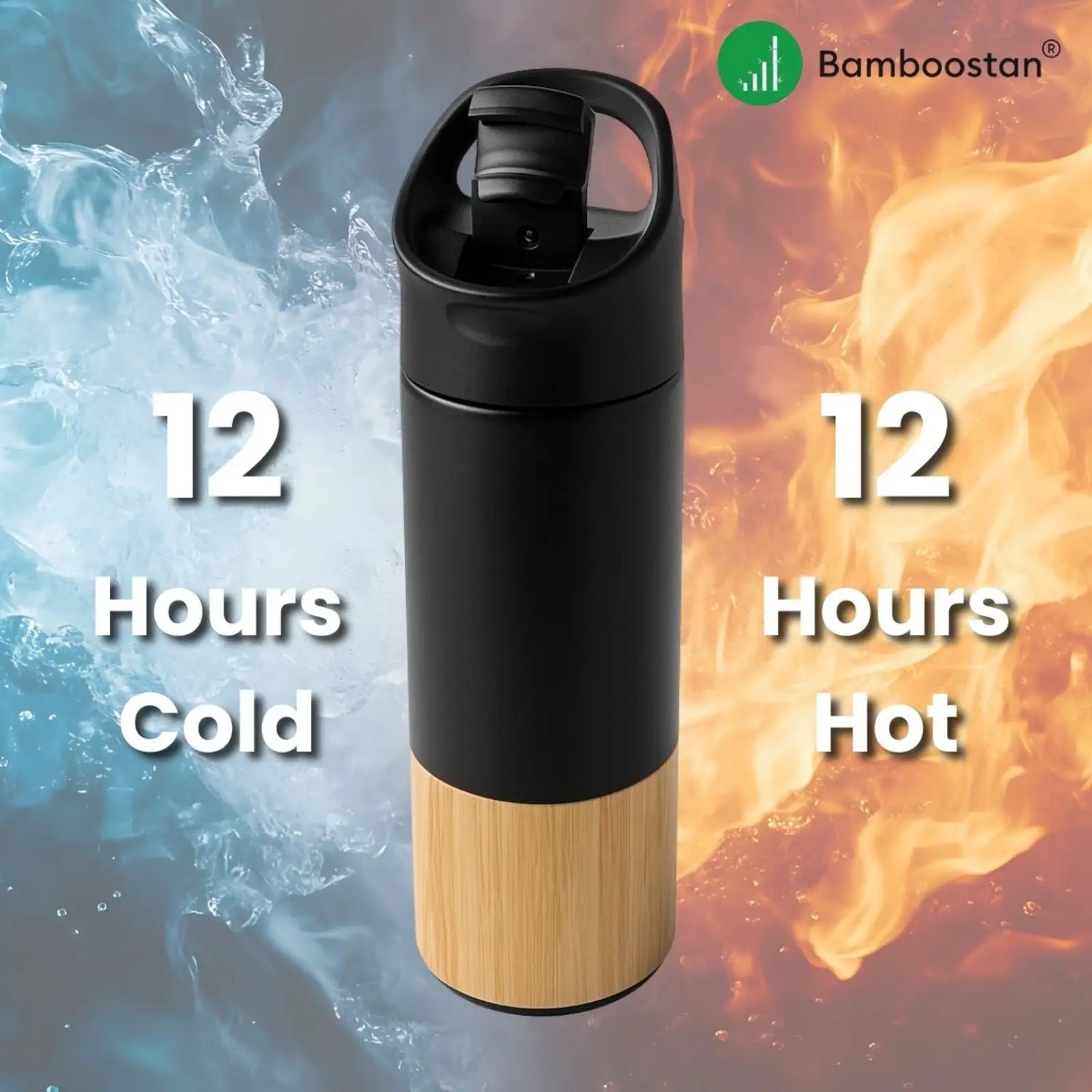 Black and bamboo thermos with water and fire graphics, featuring Bamboostan brand.