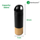 Black and bamboo water bottle with measurements and Bamboostan branding