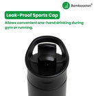 Black sports bottle with leak-proof cap on a white background, featuring Bamboostan branding.