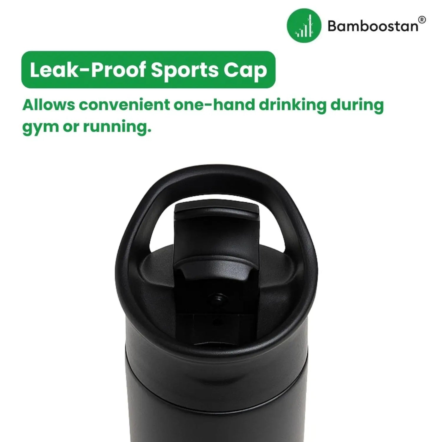 Black sports bottle with leak-proof cap on a white background, featuring Bamboostan branding.