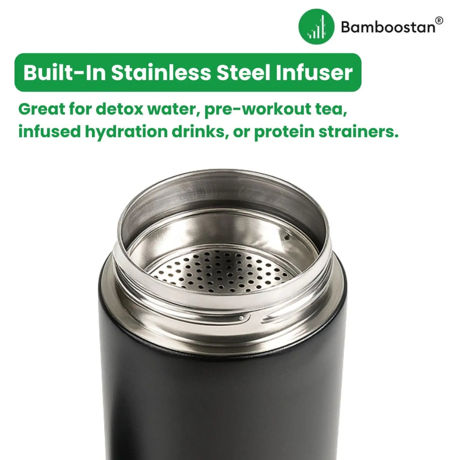 Black water bottle with stainless steel infuser chamber on a white background, featuring Bamboostan branding.