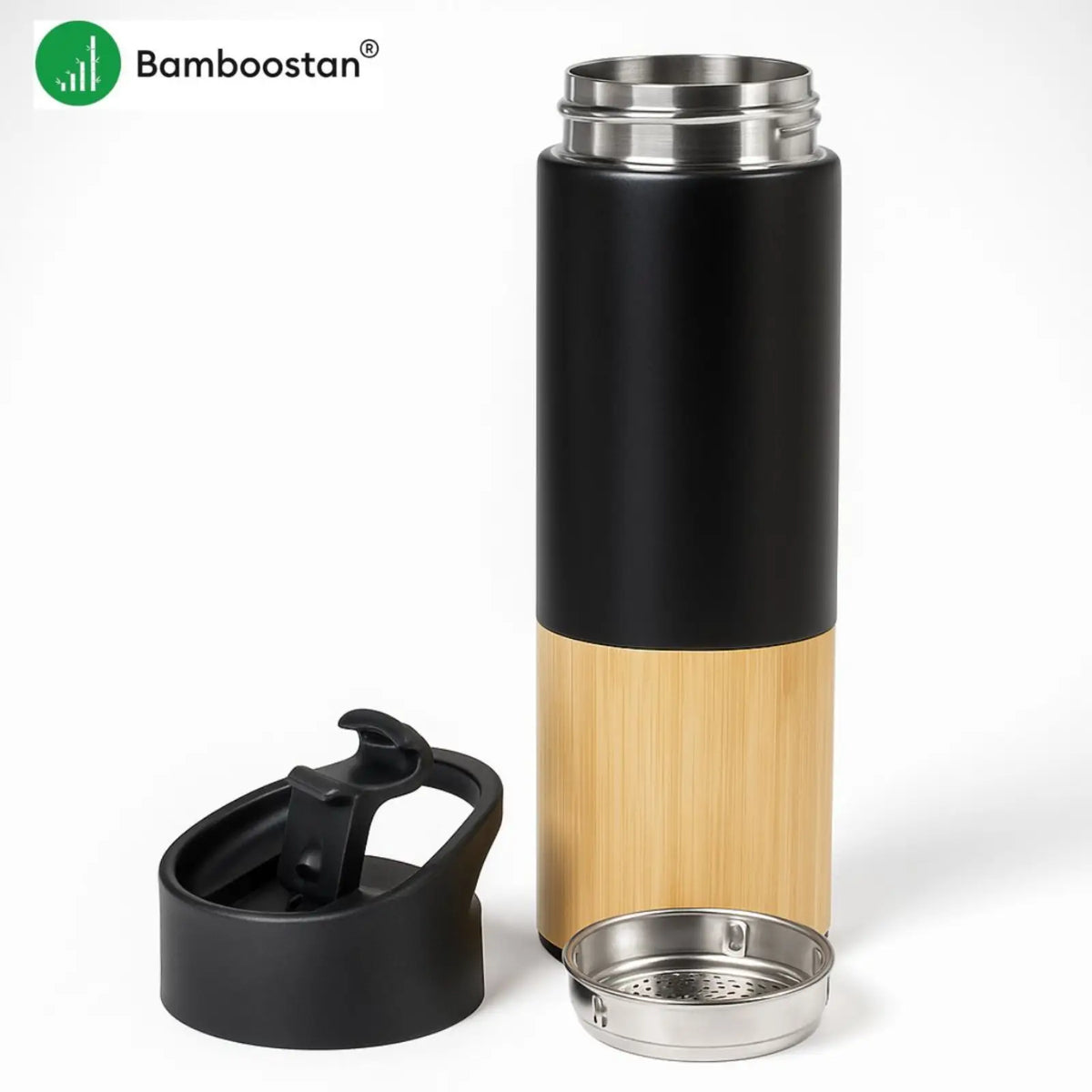 Black and bamboo thermos bottle with lid on a white background, featuring the Bamboostan brand.