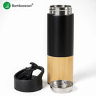 Black and bamboo thermos bottle with lid on a white background, featuring the Bamboostan brand.