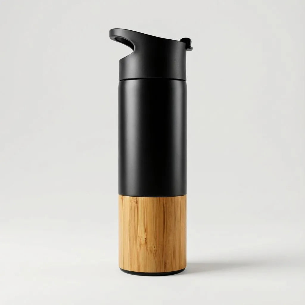 Black and bamboo travel mug on a light gray background