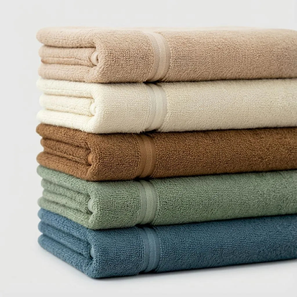 Stack of folded bamboo hand towels in beige, white, brown, green, and blue on a light gray background