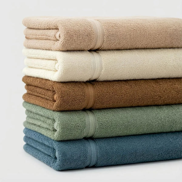 Stack of folded bamboo hand towels in beige, white, brown, green, and blue on a light gray background