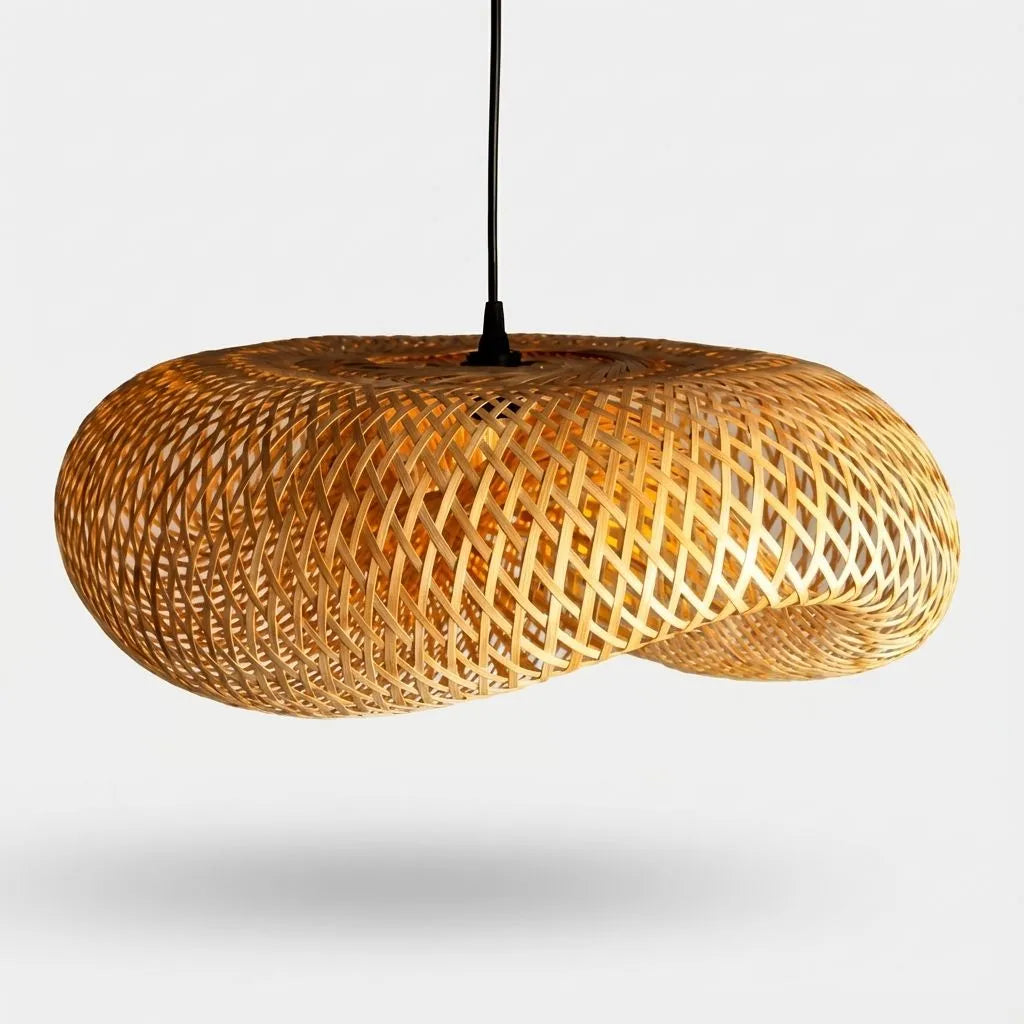 Woven bamboo pendant lamp on a white background