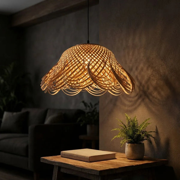 Bamboo Lamp with petal crown design, illuminating a cozy living space with warm, decorative glow.