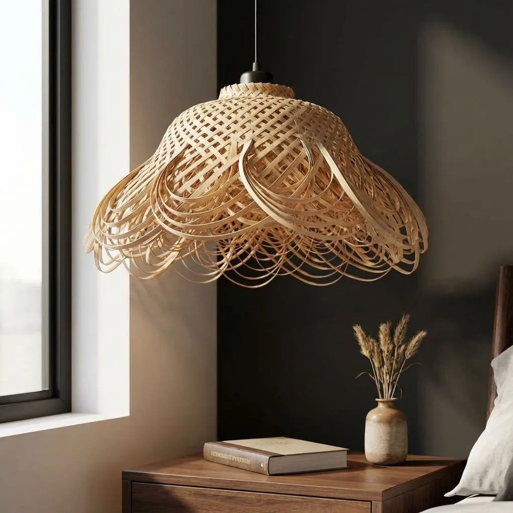 Bamboo Lamp Petal Crown, a sculptural hanging light with layered bamboo strips for a warm ceiling glow.