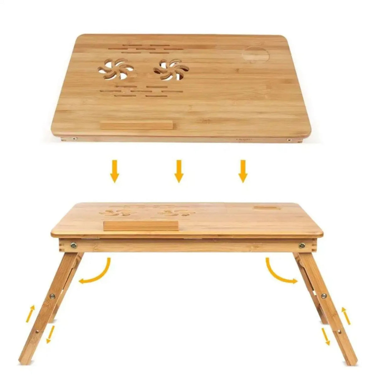 Bamboo Laptop Bed Table with adjustable legs and ventilation holes for comfortable use on beds or sofas.