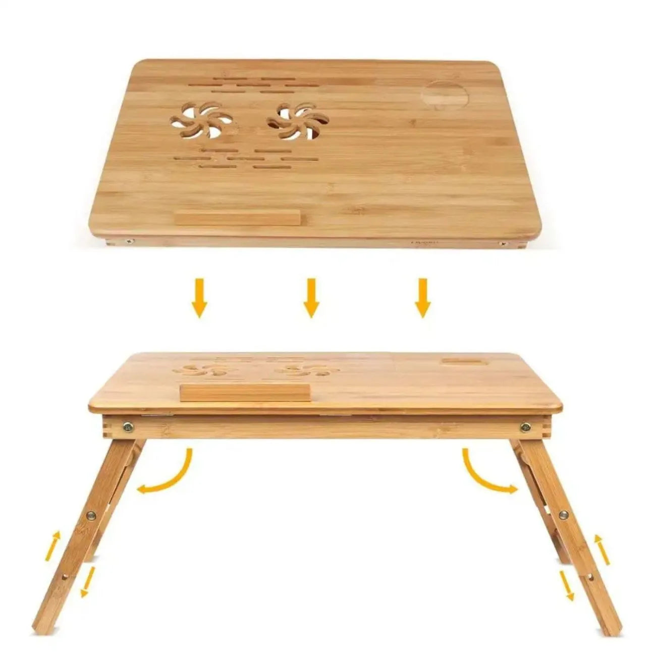 Bamboo Laptop Bed Table with adjustable legs and ventilation holes for comfortable use on beds or sofas.
