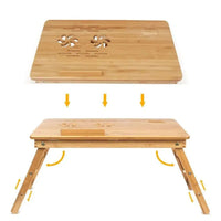 Bamboo Laptop Bed Table with adjustable legs and ventilation holes for comfortable use on beds or sofas.
