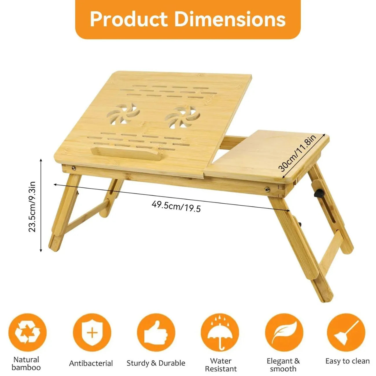Bamboo Laptop Bed Table dimensions showing natural bamboo construction and features for easy cleaning and durability.