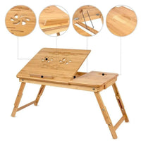 Bamboo Laptop Bed Table with adjustable top, ventilation holes, and foldable legs for comfort and convenience.