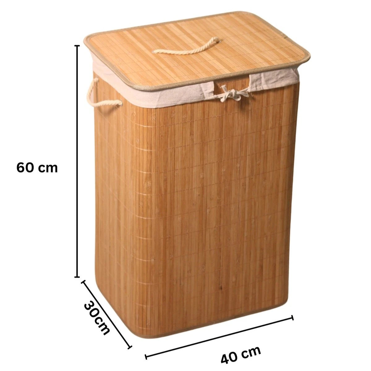 Bamboo laundry basket with dimensions on a white background