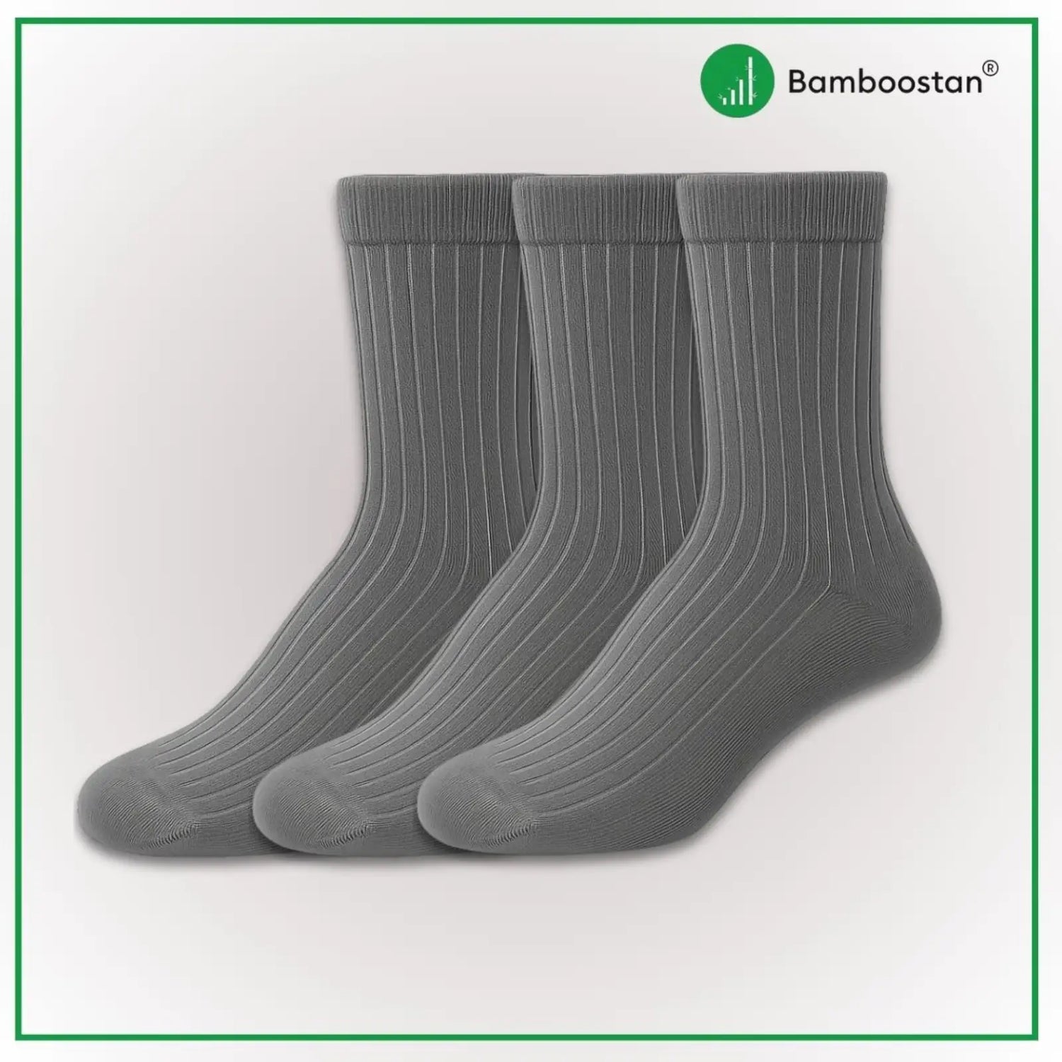 Three pairs of gray bamboo socks on a light gray background with Bamboostan logo.