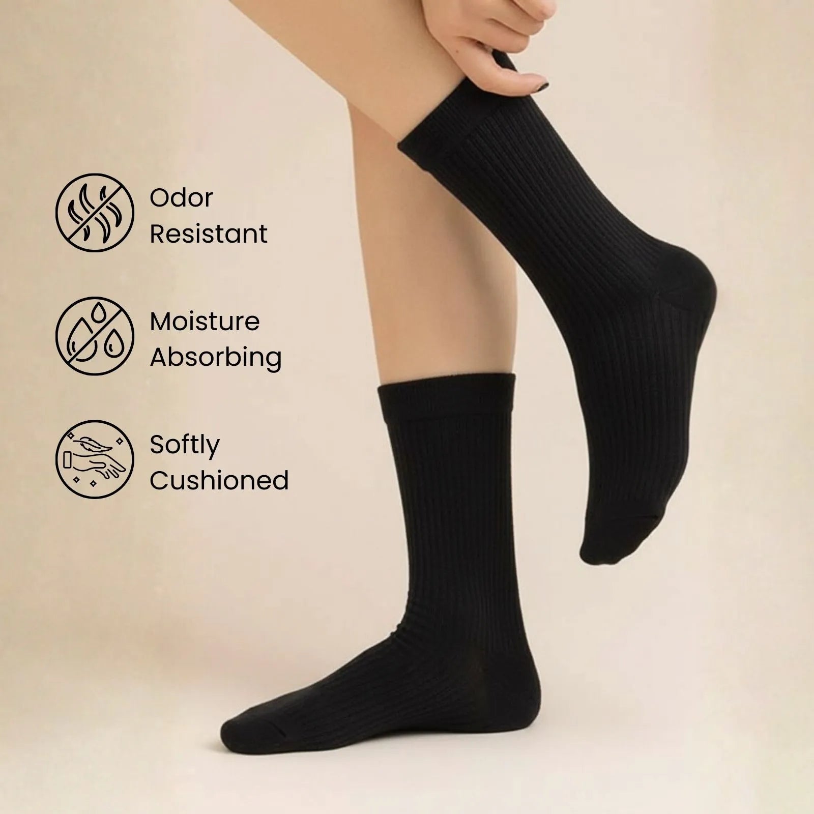 Bamboo Crew Socks displayed on a model's feet, featuring odor resistance, moisture absorption, and soft cushioning.