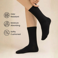 Bamboo Crew Socks displayed on a model's feet, featuring odor resistance, moisture absorption, and soft cushioning.