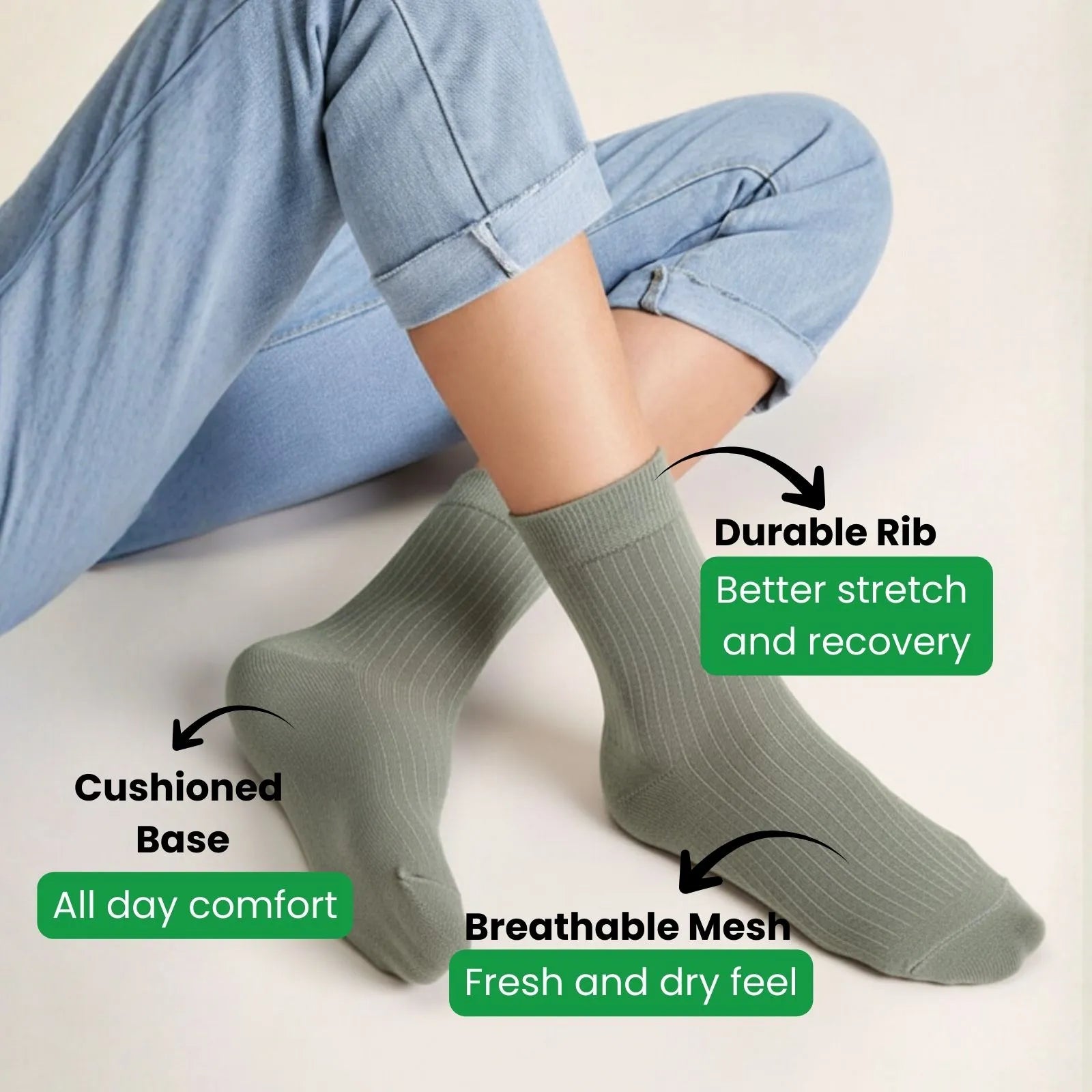 Bamboo Crew Socks displayed with features like durable rib, cushioned base, and breathable mesh for ultimate comfort.
