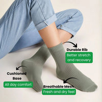 Bamboo Crew Socks displayed with features like durable rib, cushioned base, and breathable mesh for ultimate comfort.